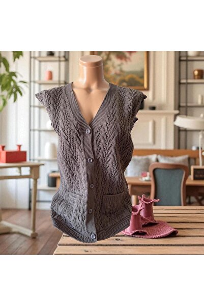 TUTUYA TEXTIL Pocketed Knitwear Mother's Vest - Houndstooth Knitted Dowry Casual Design