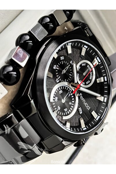 Ferrucci Siyah Renk Özel Tasarım Erkek Kol Saati+bileklik Hediyeli