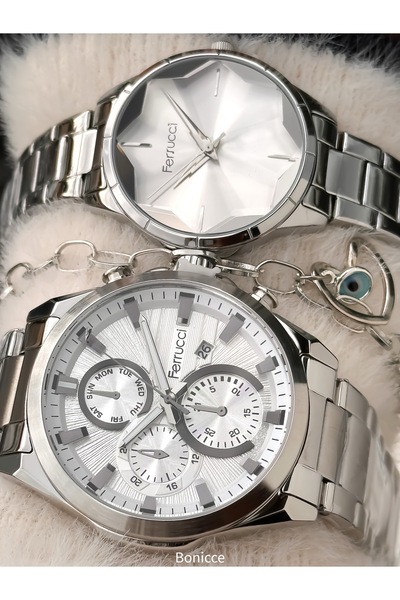 Ferrucci Marka Gümüş Renk Çelik Kordon Sevgili Çift Kol Saatleri+Bileklik