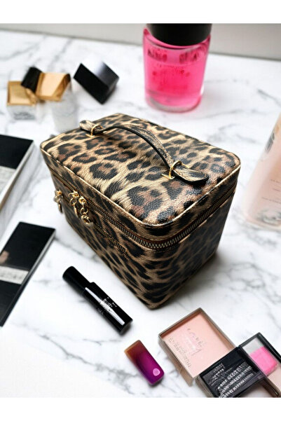 Gold Box حقيبة مستحضرات التجميل مع مرآة، طقم سفر، منظم لمستلزمات المكياج، لون بني ليوبارد