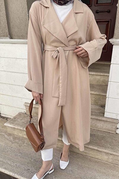 lamelif Milk Coffee Trench Coat - Elastic Sleeve Detail