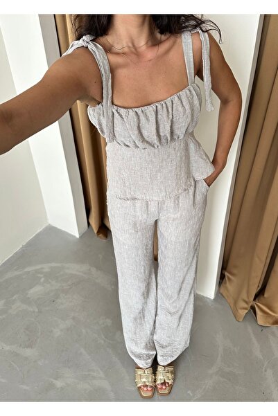 Laluvia Ecru Thick Straps Blouse Pants Set