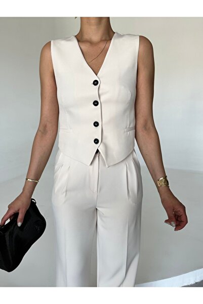 Laluvia White Fabric Vest Pants Set