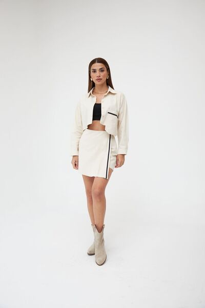 Laluvia Stone Colored Cotton Front Stripe Detailed Shirt-Shorts Skirt Set