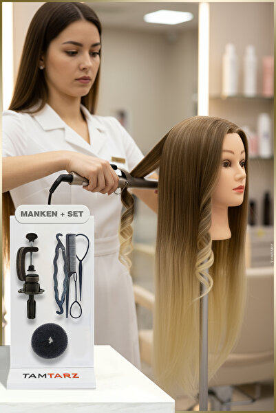 colezium Fiber Sentetik Ombreli Kuaför Eğitim Mankeni Masa Aparatı - Kahveren...