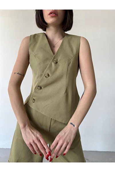 Laluvia Stone Color Asymmetrical Buttoned Vest Pocket Detailed Trousers Set