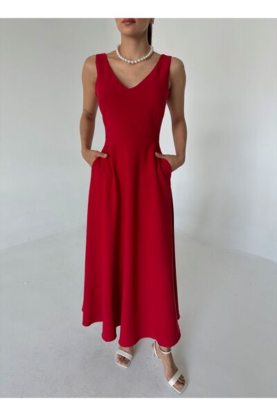 Laluvia Piros V-nyakú zsebes részletes Midi ruha