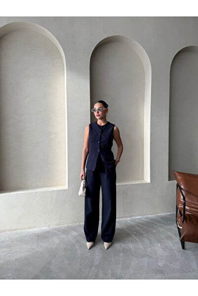 Laluvia Dark Navy Blue Camille Classic Buttoned Vest Trousers - 8449