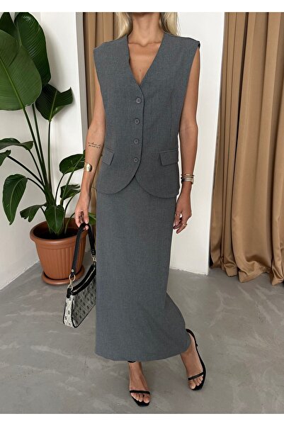 Laluvia Gray Polyviscose Pocket Vest Slit Pencil Skirt Set