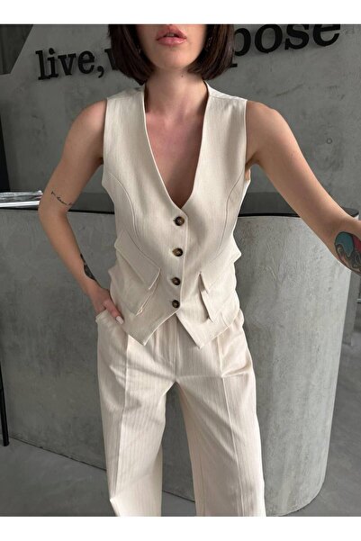 Laluvia Stone Color 100% Cotton Pocket Detailed Vest Trousers Gabardine Set