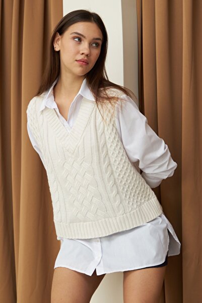 Laluvia Krémové svetrové košilové šaty