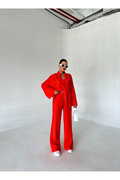 Laluvia Narancssárga texturált ing és nadrág készlet