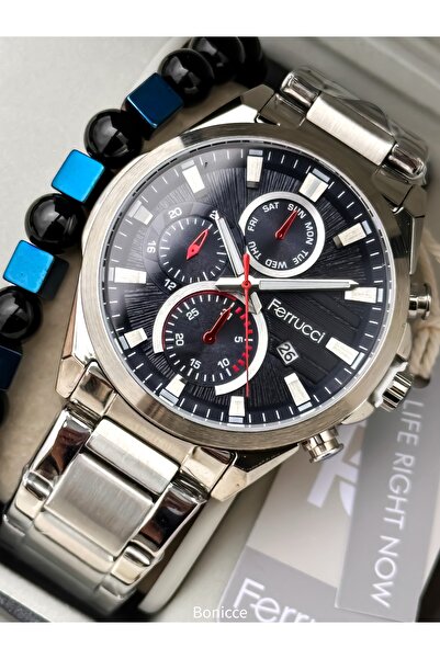 Ferrucci Gümüş Lacivert Çelik Kordon Erkek Kol Saati + Bileklik