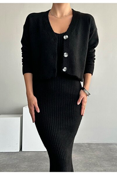 Laluvia Women's Black Strap Ribbed Knitwear Cardigan Dress Set