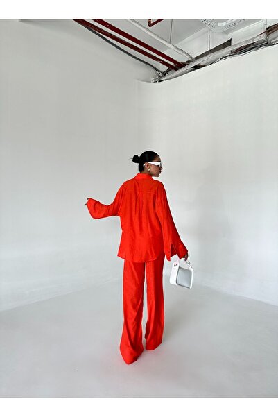 Laluvia Narancssárga texturált ing és nadrág készlet