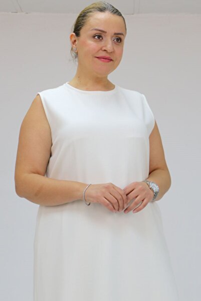 Eslina 42050 Büyük Beden Modal Kolsuz Elbise - Ekru