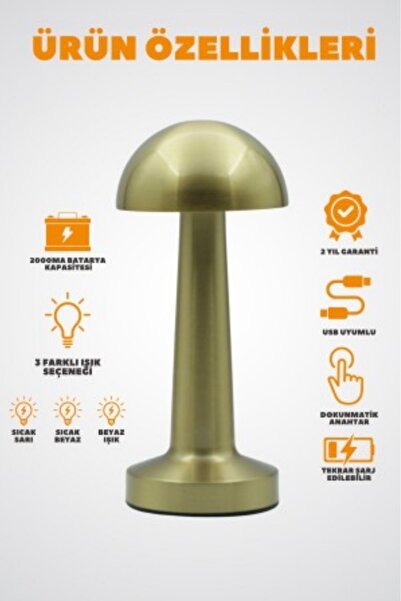Aron Girişim Dokunmatik Mantar Masa Lambası Gold Kasa 3 Işık Renkli Şarjlı Masa Lambası