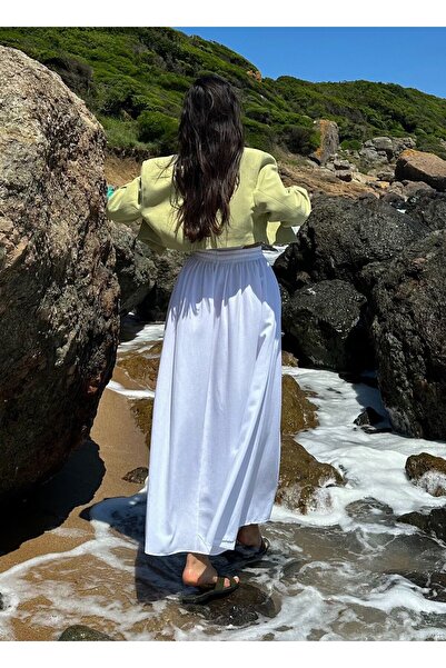 Laluvia White Linen Skirt with Thick Waist Elastic - 100% Cotton