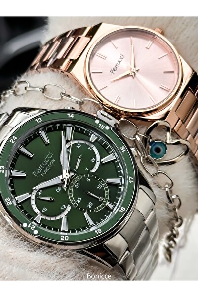 Ferrucci Gümüş-Yeşil, Rose Renk Sevgili Çift Kol Saatleri Bileklik Hediyeli