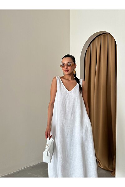 Laluvia Béžové šaty s hrubým popruhom zo 100 % ľanu