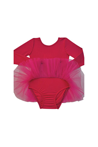 LULLY KİDS Kız Çocuk Fuşya Uzun Kol Tütü Etekli Bale ve Cimnastik Mayosu