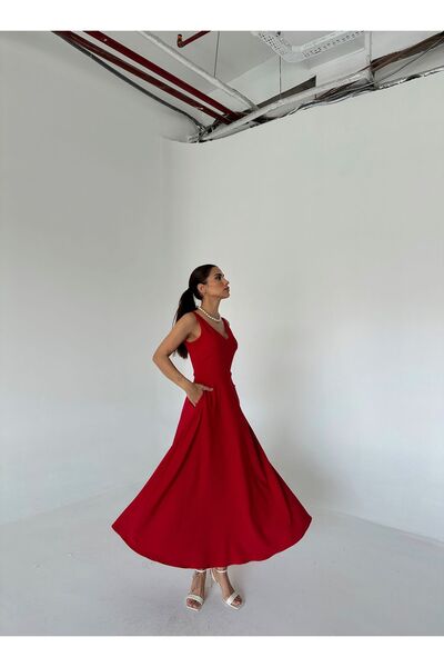 Laluvia Piros V-nyakú zsebes részletes Midi ruha