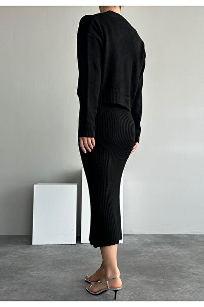 Laluvia Women's Black Strap Ribbed Knitwear Cardigan Dress Set