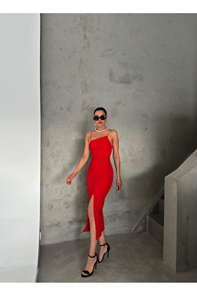 Laluvia Red Thin Strap Front Asymmetrical Cut Slit Dress