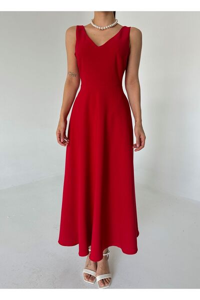 Laluvia Piros V-nyakú zsebes részletes Midi ruha