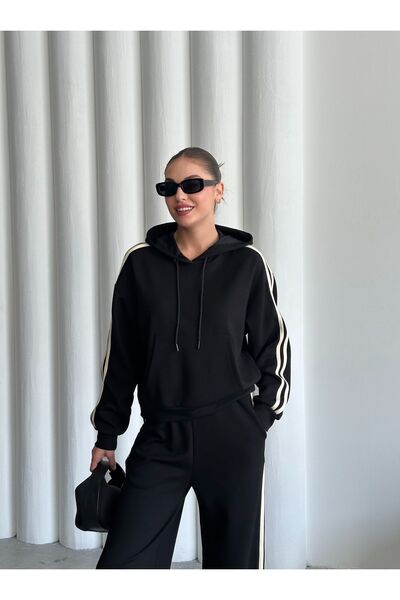 Laluvia Schwarzer Doppelstrick-Trainingsanzug mit Unterteil und Oberteil - 90...