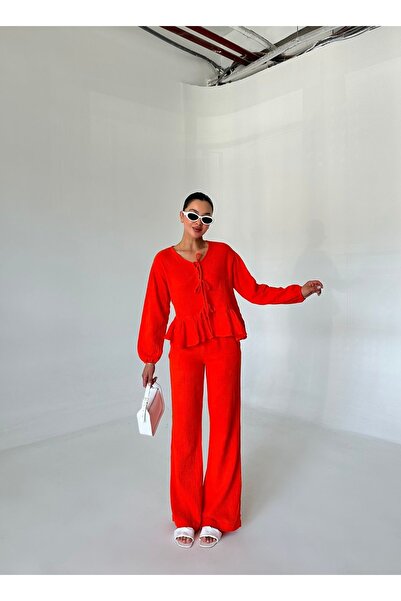 Laluvia Fehér fodros, elöl fűzős, részletgazdag ing nadrág szett