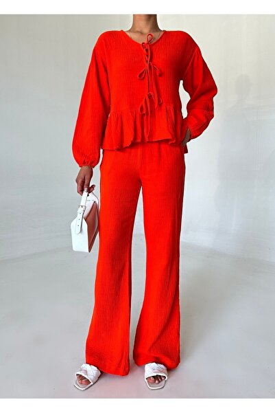 Laluvia Fehér fodros, elöl fűzős, részletgazdag ing nadrág szett