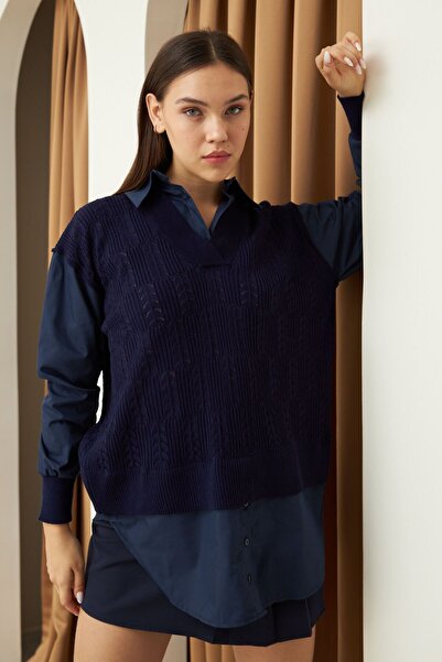 Laluvia Sötétkék poplin ing pulóverrel