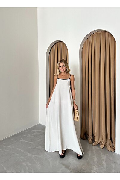 Laluvia Černé šaty na maxi popruh – přírodní