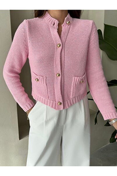 Laluvia Pink Candy Metal Buttoned Knitted Cardigan with Pockets-4393