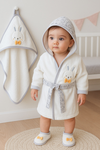 Sitilin Baby Boy Rabbit Luxury Bathrobe Set Towel Set 100% Cotton Fabric 0-2 Years Old Stl7100