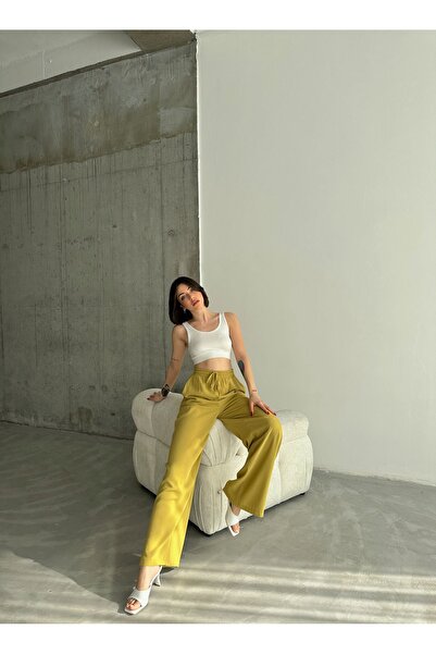 Laluvia Oil Green Elastic Wide Leg Trousers