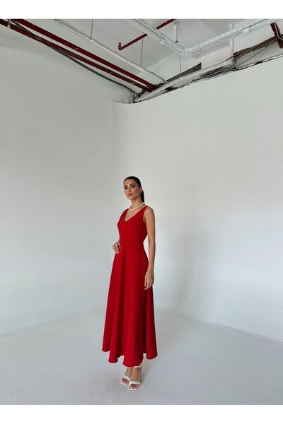 Laluvia Piros V-nyakú zsebes részletes Midi ruha