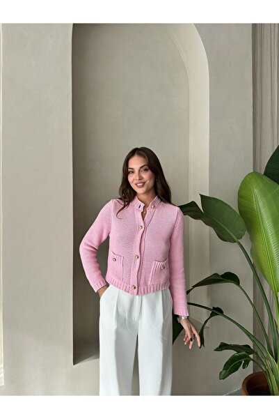 Laluvia Pink Candy Metal Buttoned Knitted Cardigan with Pockets-4393