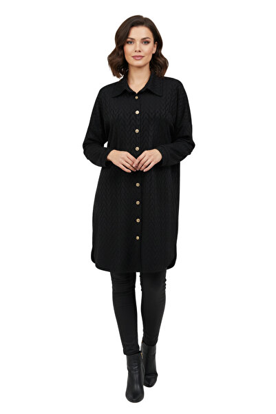 KADO Siyah Desenli Altın Düğmeli Uzun Kollu Tunik Gömlek