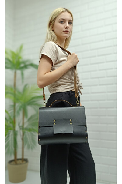 MARSEDO Piele naturală cu margine din lemn pentru femei Helen Black