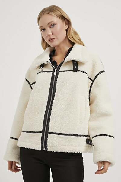 Arma Life Women's Paneled Winter Mock Neck Ecru Loose Coat