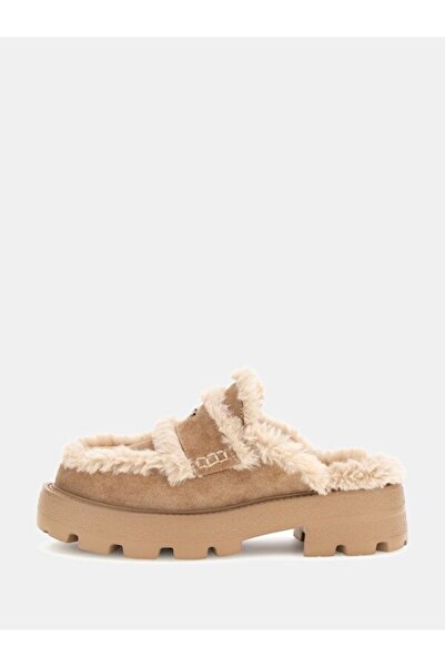 Guess Women's Yaneta Fur Lined Suede Thick Soled Sabo Slippers - Natural