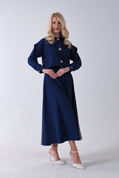 Feminist Beli Lastikli Deniz Yıldızı Çıt Çıt Kapamalı Ceket Detaylı Etekli Takım Lacivert 4592269