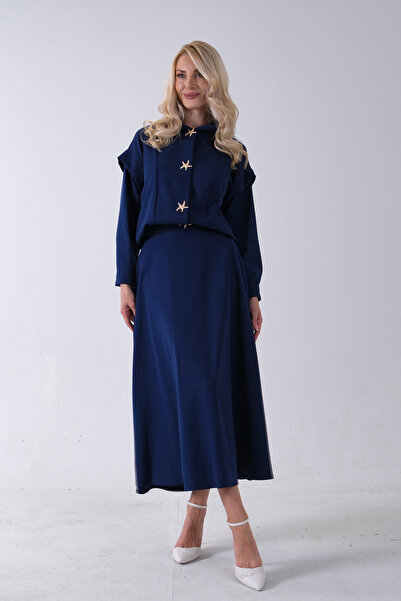 Feminist Beli Lastikli Deniz Yıldızı Çıt Çıt Kapamalı Ceket Detaylı Etekli Takım Lacivert 4592269