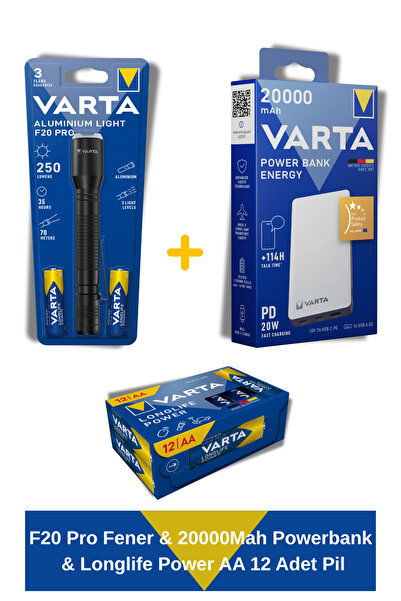 Varta Acil Durum Kiti, F20 Pro Fener & 20000Mah Powerbank & Longlife Power AA...