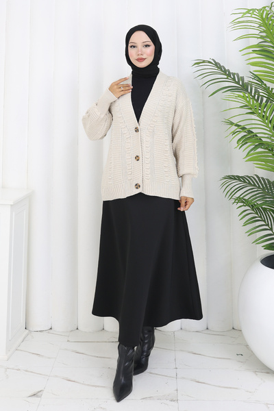 benguen Πλεκτό Πουλόβερ με Πομπόν S4002 Χρώμα Πέτρας