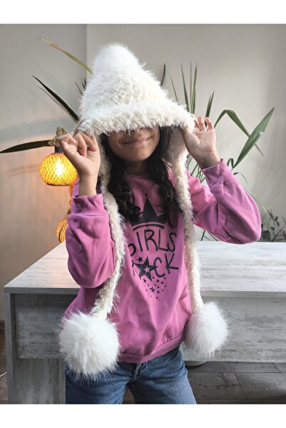 Şimo Butik Girl's Long Pompom Ear-Covering Beanie Plush Puff Soft White