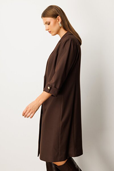 Ekol Women's Plus Size Double Breasted Collar Midi Dress 4509 Brown