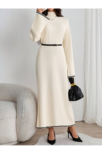 MARLİNG Fitilli Triko Krem Elbise